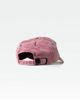 Acid wash dad cap in prune from behind with faded finish and back opening.