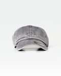 Front view of LYFTLYFE grey acid wash dad hat with white embroidered logo.
