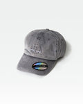 Curved brim dad hat in acid wash grey, side logo and front panel in focus.
