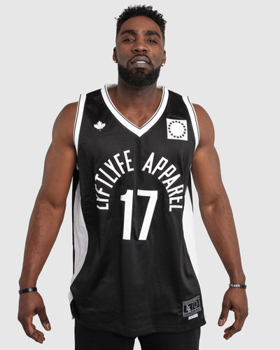 Full front view of LYFTLYFE Throwback Jersey in black with embroidered graphics and #17.