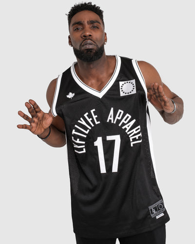 Full front view of LYFTLYFE Throwback Jersey in black with embroidered graphics and #17.