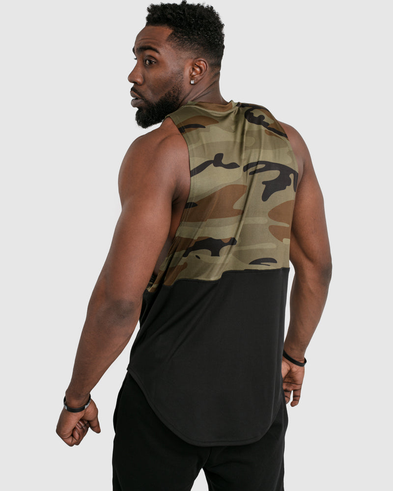 Men's sleeveless tank top with two panels. Camo print on the top panel and Black on the bottom.