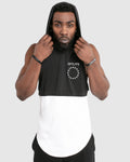 Men’s sleeveless hoodie, black on top and white on the bottom wide arm openings, and a long scoop design.