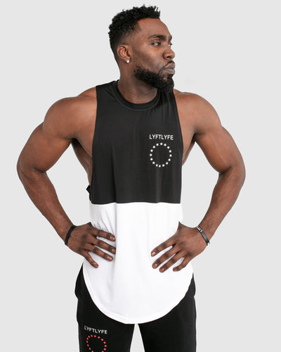 Men's tank top with two panels. Black at the top and white at the bottom. 