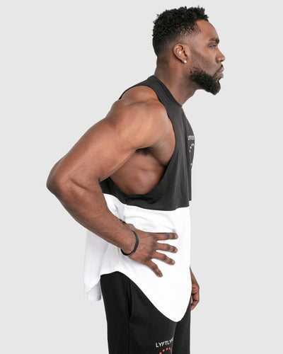Men's tank top with two panels. Black at the top and white at the bottom
