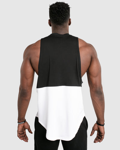 Men's tank top with two panels. Black at the top and white at the bottom. 
